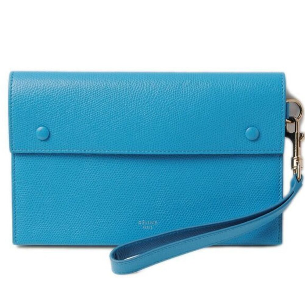 Celine Clutch Pouch Evening Bag Calf Light Blue